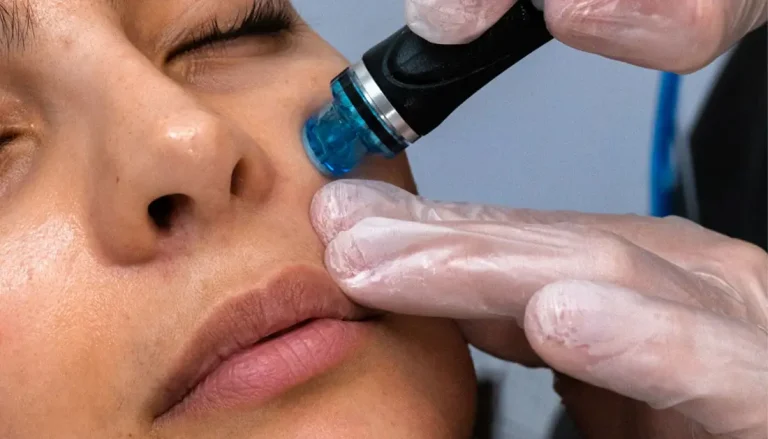 HydraFacial handpiece on the cheek - pore refining for large pores in Vienna