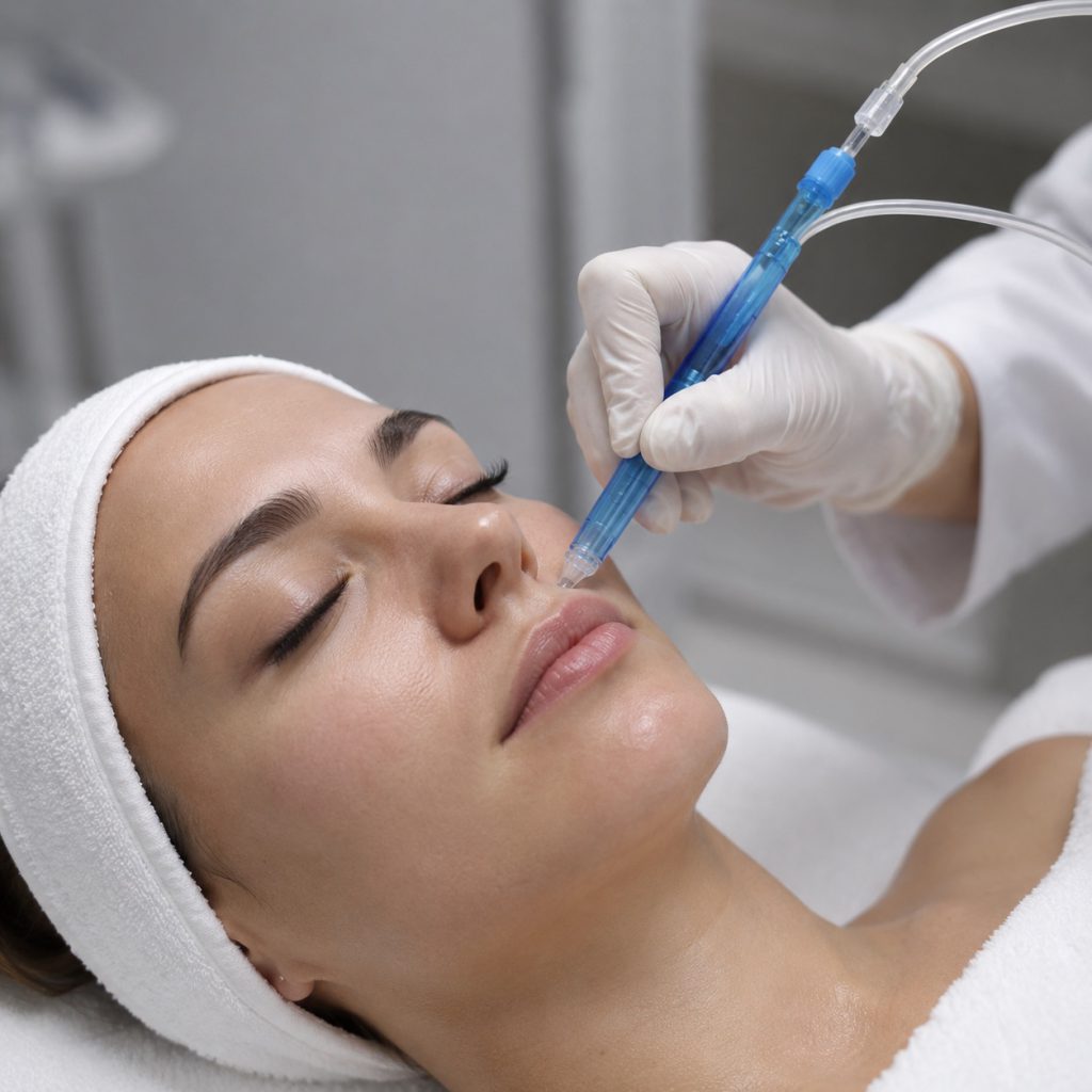 Therapist treating a client's face with the blue JetPeel handpiece at AFACIAL Vienna