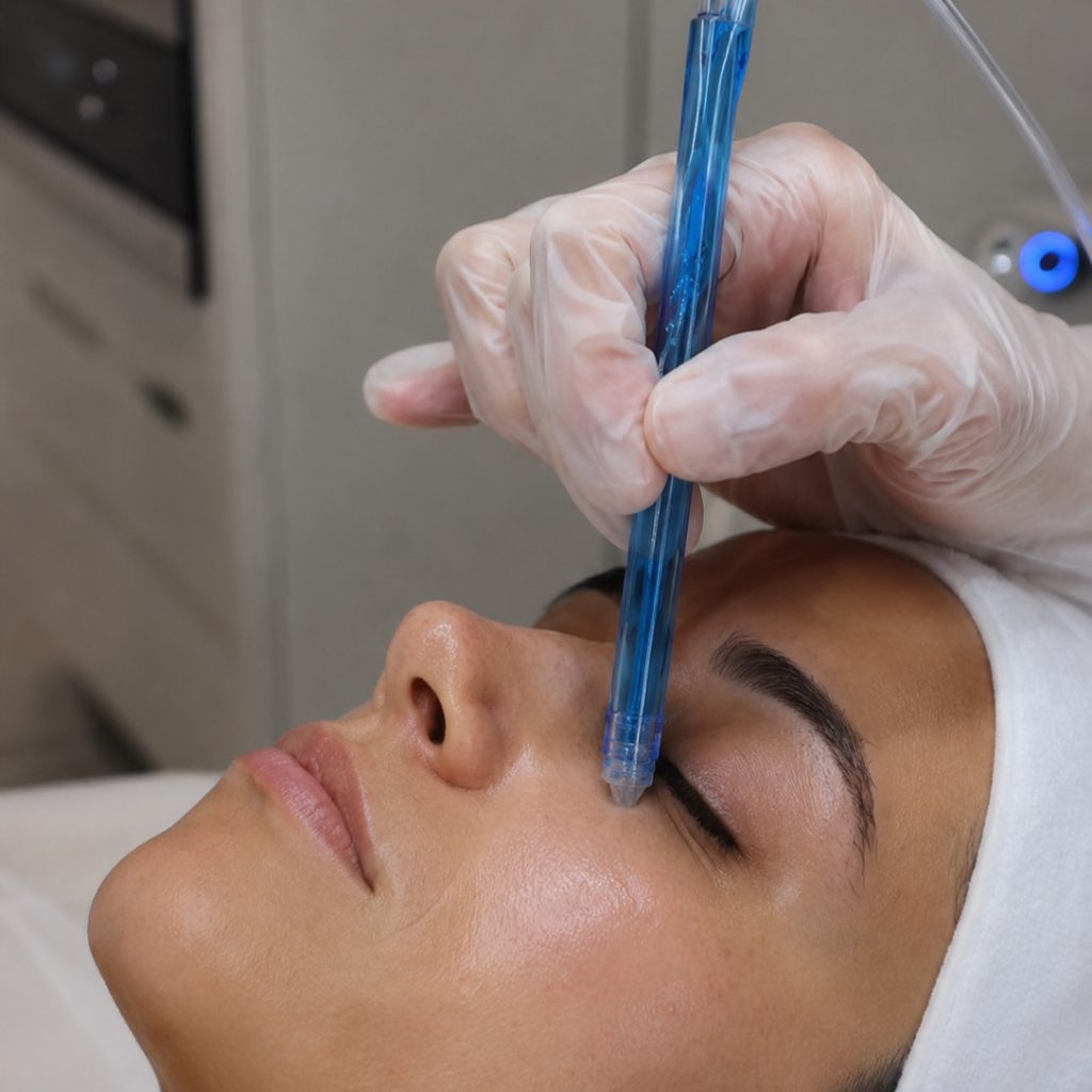 Gloved therapist guiding the blue JetPeel handpiece over a client's face in Vienna