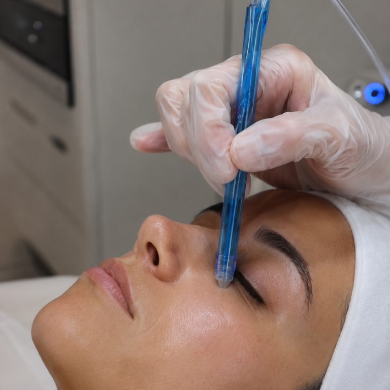 Gloved therapist guiding the blue JetPeel handpiece over a client's face in Vienna