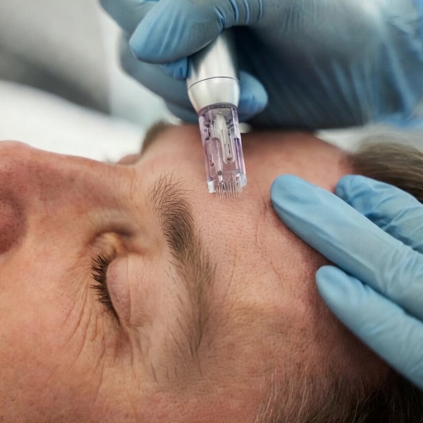 Needling handpiece on a man’s forehead during a men’s skin treatment in Vienna