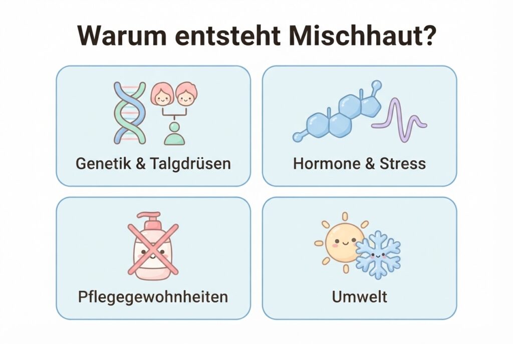 Infografik mit vier Ursachen von Mischhaut: Genetik und Talgdrüsen, Hormone und Stress, Pflegegewohnheiten und Umwelt
